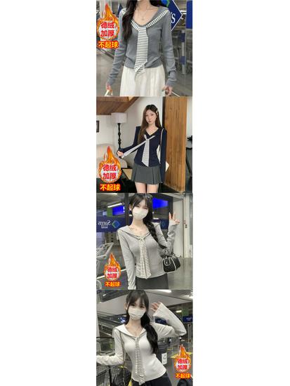 Korean Style Drop Shoulder Naval Collar Long Sleeve Top for Women, Slim Fit Flowy Ribbon Design, Perfect for Spring/Autumn.