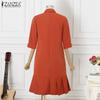 ZANZEA Women Casual Turn Down Collar Loose 3/4 Sleeve Plain Dress