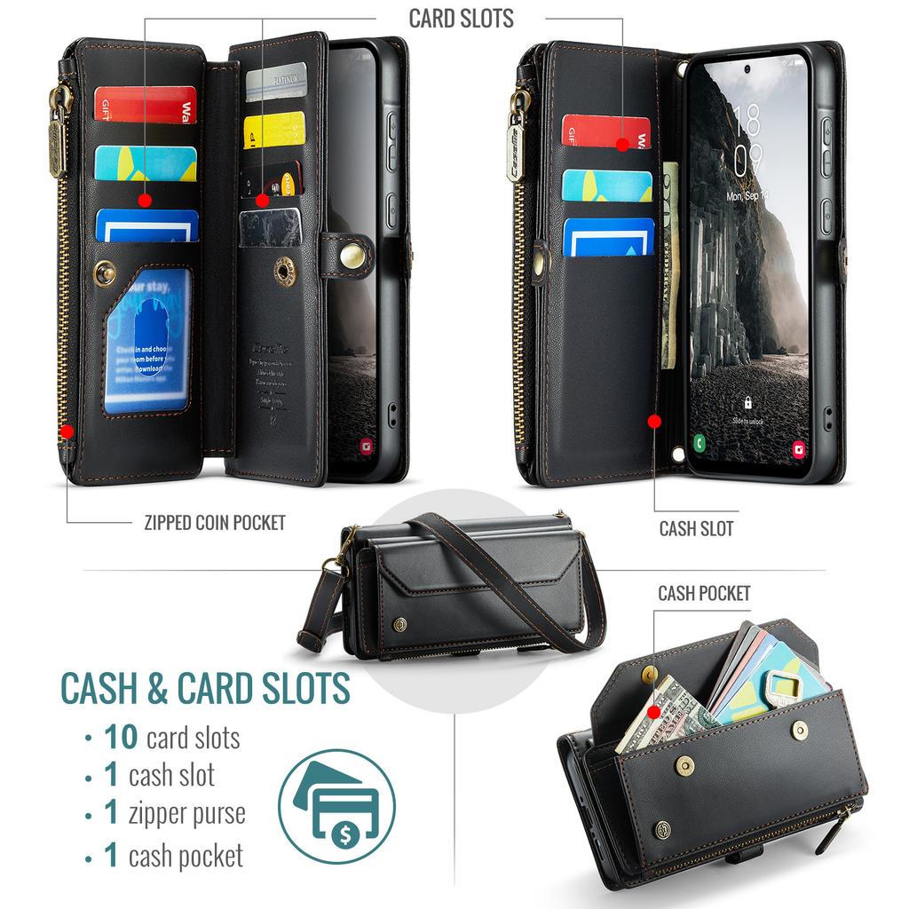 Pro Samsung Galaxy A56 5G Kožené pouzdro CASEME C36 Zip Více slotů na karty Kryt na telefon s popruhy