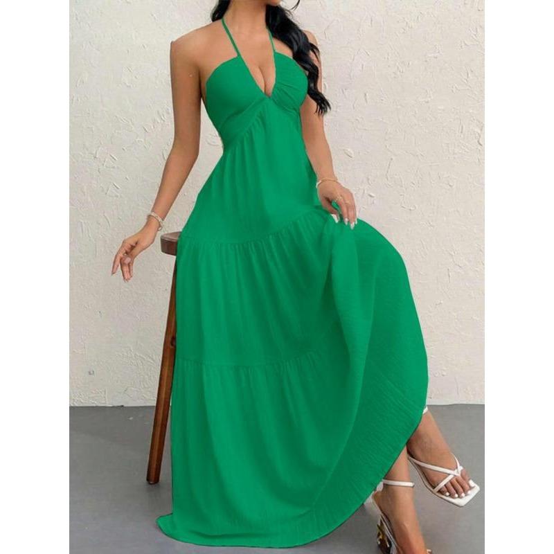 Amazon eaby European and American summer new hot-selling women's neck dress suspender strap holiday skirt