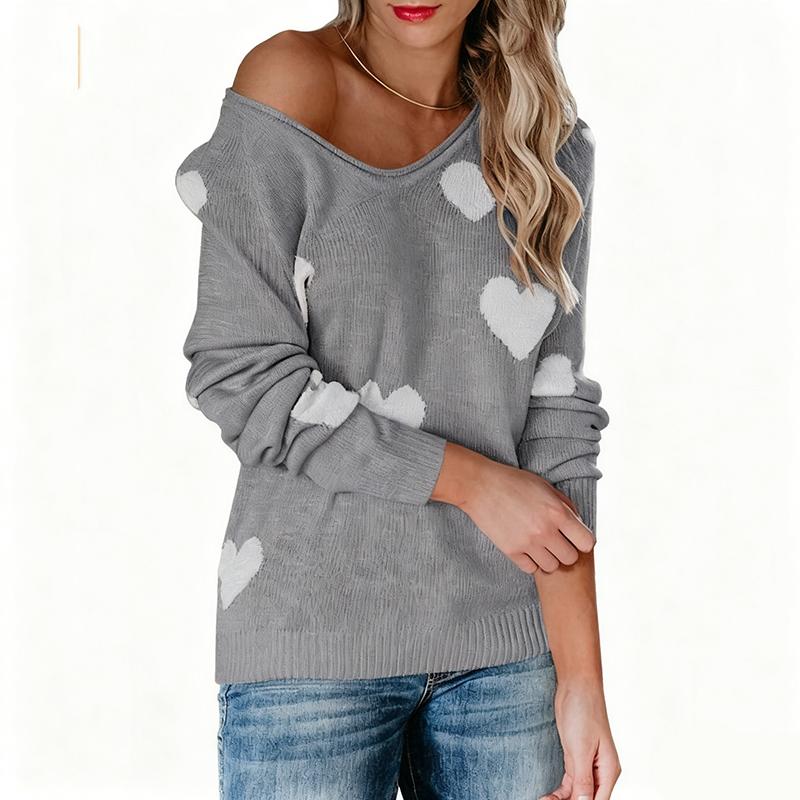 Ladies Autumn Winter Long Sleeve V Neck Pullover Love Heart Loose Knitted Sweater Knitwear Top