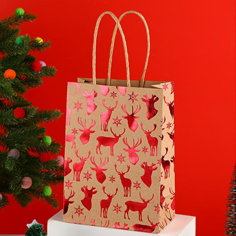 12Pcs 15*8*21cm Christmas Handles Kraft Paper Gift Bags Party Favors Packaging Gift Bag