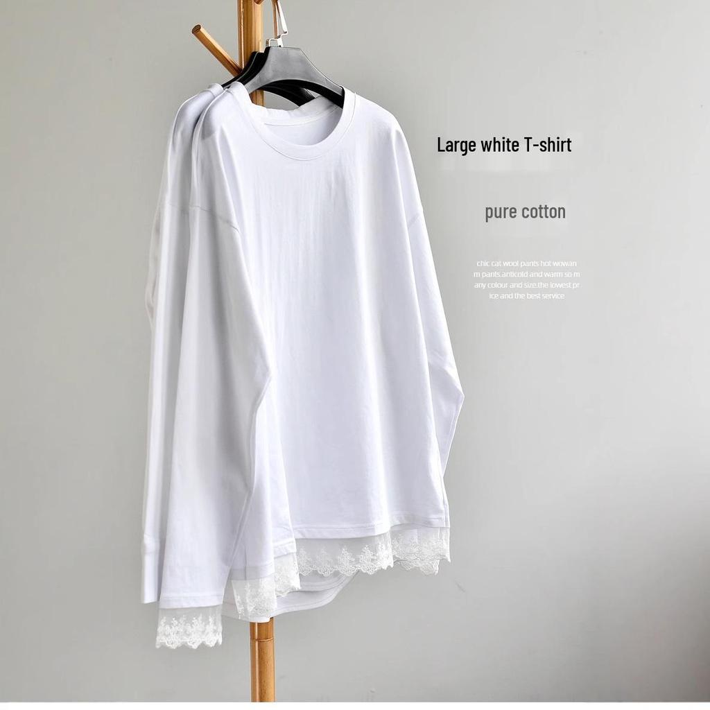 Lace Spliced Plus Size Pure Cotton Long Sleeve T-Shirt - Mid-Length Early Autumn Women's Top