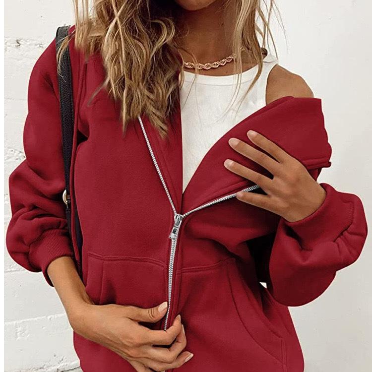 Women's Autumn Fashion Zipper Hoodie Long Sleeve Hooded Pullover Sweatshirt Casual Solid Color Tops with Pockets