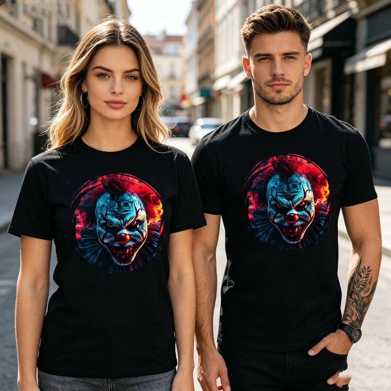 Horror Clown Graphic T Shirt Scary Movie Character Print Unisex Soft Cotton Crew Neck Short Sleeve Trendy Casual Tops