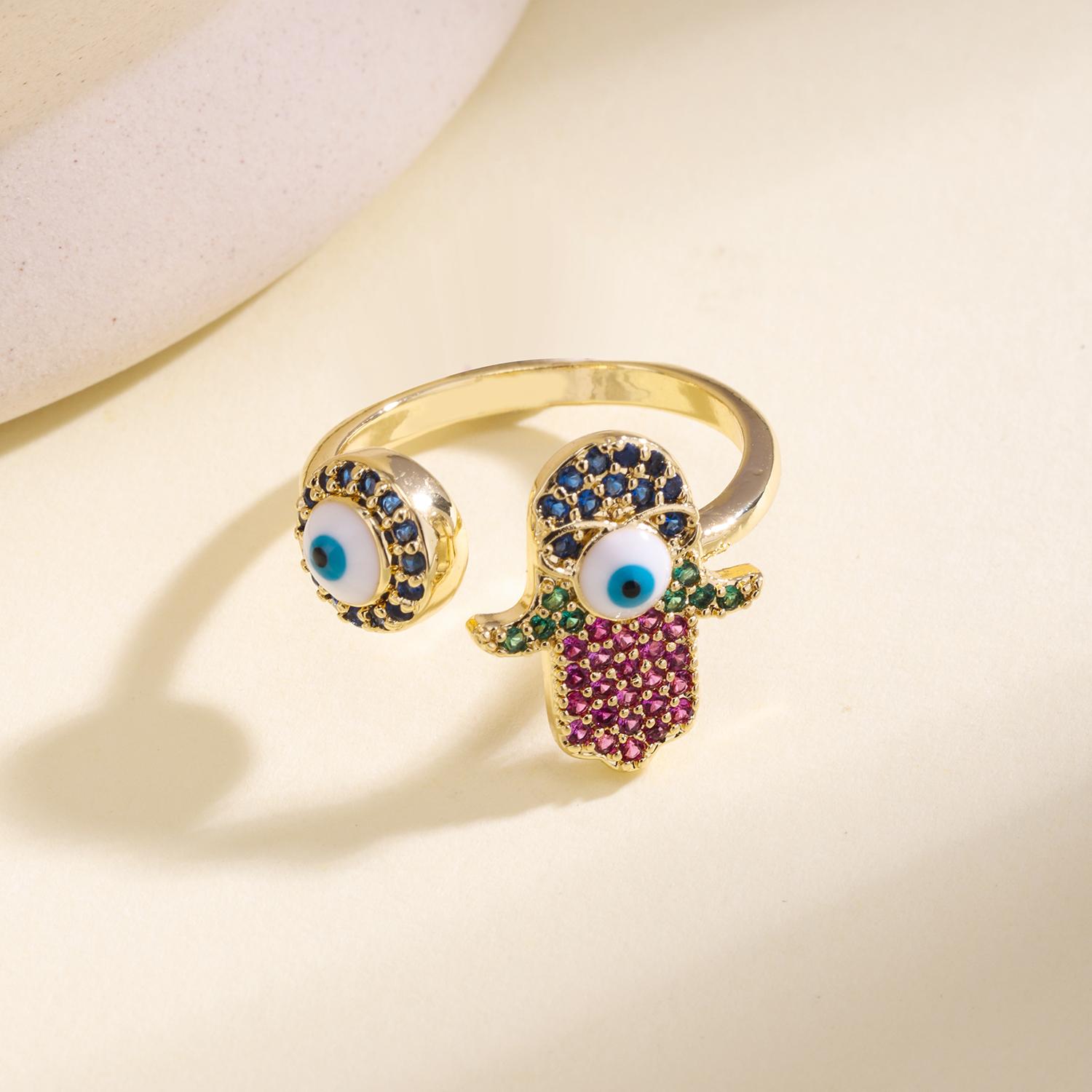 

Nidin Trendy Ring Turkish Evil Eye Hamsa Hand Open Adjustable For Women Vintage Colorful Zircon Bohemia Style Finger Jewelry resizable