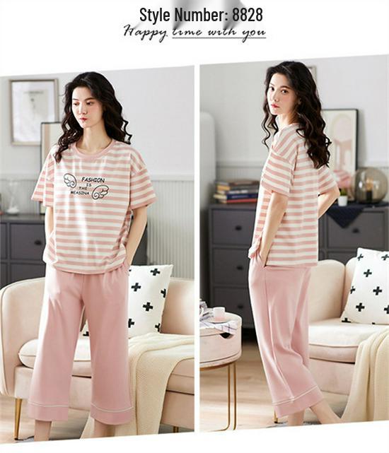 Aifen Teng Women's Summer Cotton Pajama Set: Short Sleeve Top & Three-Quarter Pants, Plus Size, All Cotton