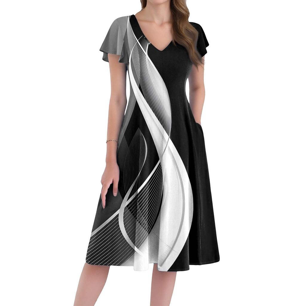 Women's Casual Fashion V-neck Short Sleeve Print Dress With Pockets