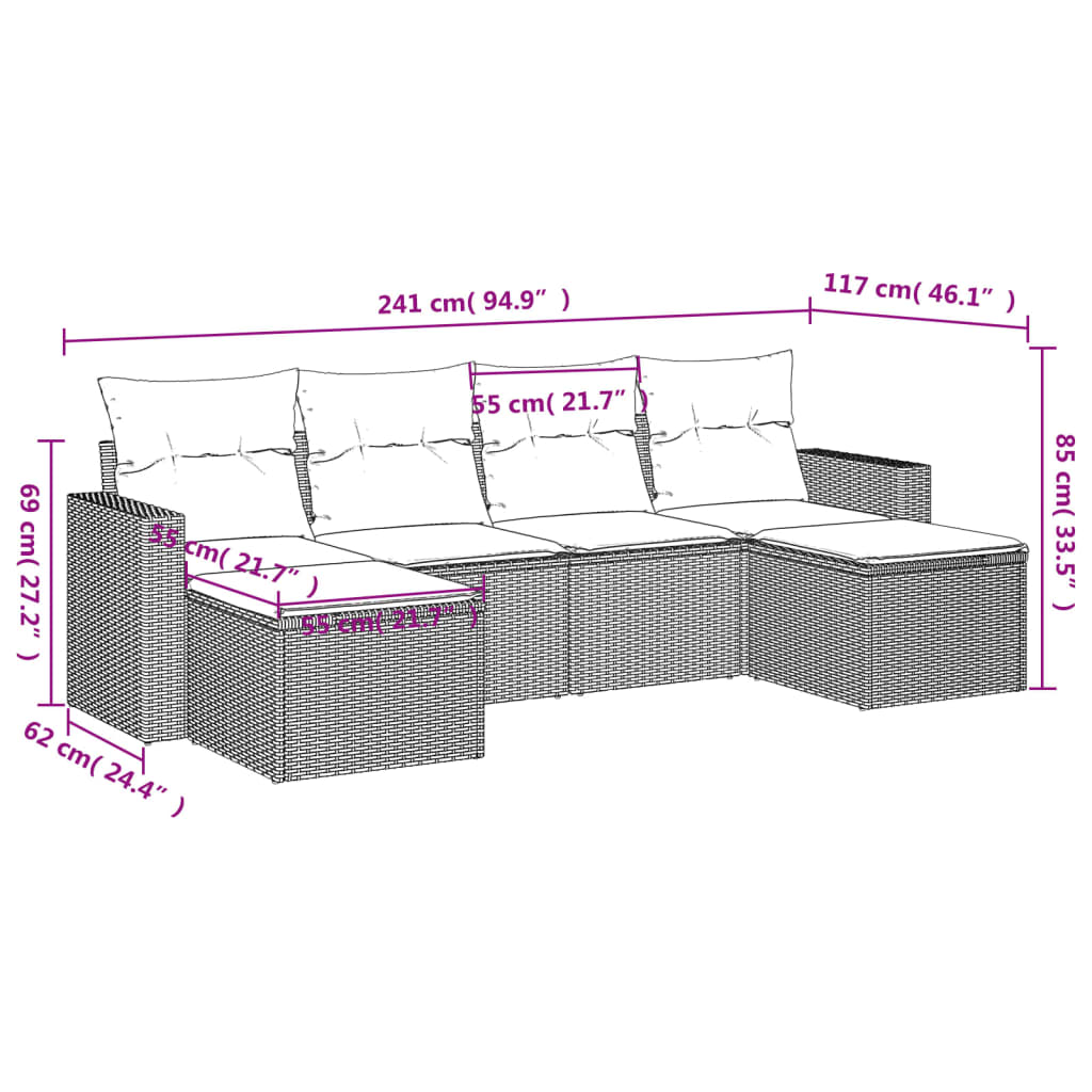 Vidaxl 6-Cz. Set di Mobili da Giardino con Cuscini, Polyrattan Nero