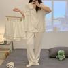Three-piece set! Loose women's pajamas, doll collar, spring and summer thin styles can be worn outside, short-sleeved loungewear set, solid color.