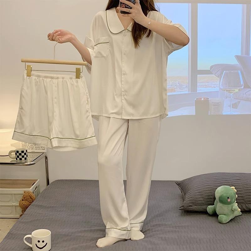 Three-piece set! Loose women's pajamas, doll collar, spring and summer thin styles can be worn outside, short-sleeved loungewear set, solid color.