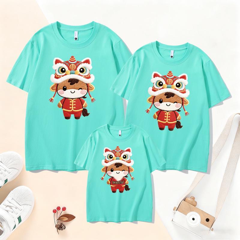 2026 Year of the Horse Red Short Sleeve Parent-Child T-Shirt for New Year Family Portrait