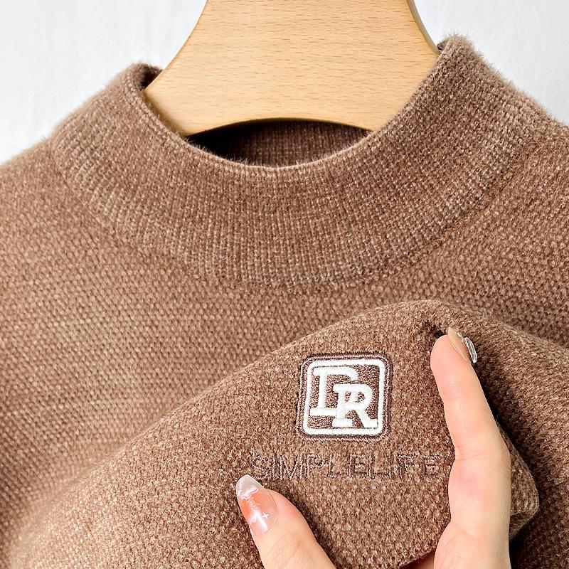 2025 Winter Men's Embroidered Fleece Sweater - Round Neck, Plus Velvet Chenille Knit, Thickened Base Layer Top