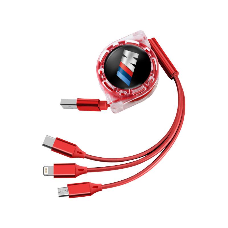 1PCS 3-in-1 Data Cable Car M Emblem Micro Telescopic Charger Valve Cap For BMW X1 X2 X3 X5 X4 X6 X7 iX3 F20 F10 F07 E70 E46 E