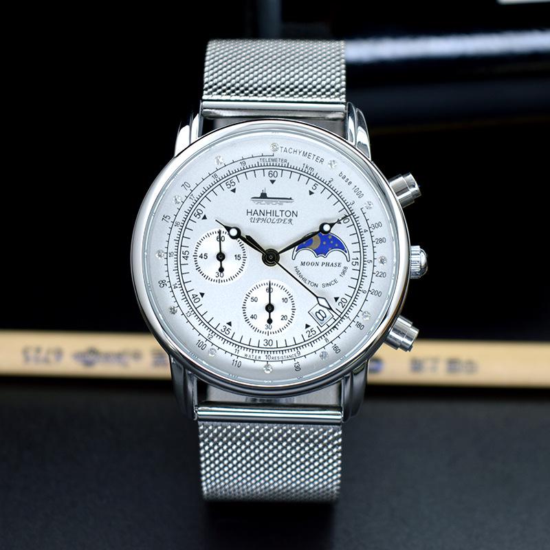 

Мужские кварцевые часы с фазой Луны и сетчатым стальным браслетом – Студенческое подарочное издание белый