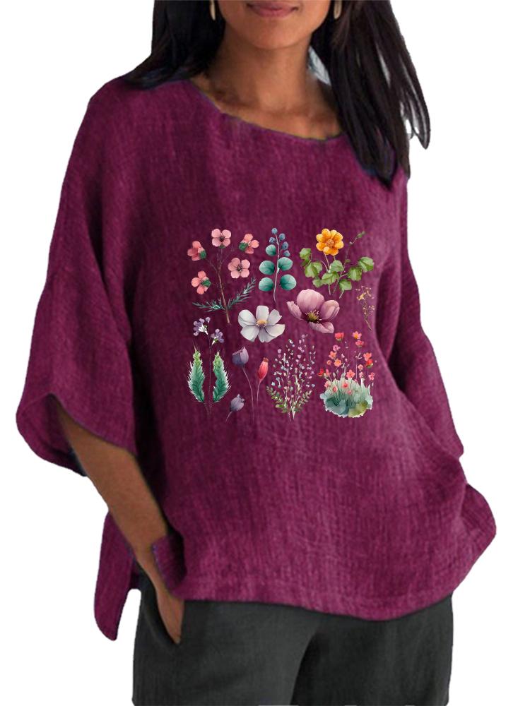 

Женская модная футболка с принтом с круглым вырезом Весенне-летний топ с рукавом 3/4 Женская хлопково-льняная блузка 5XL фиолетовый