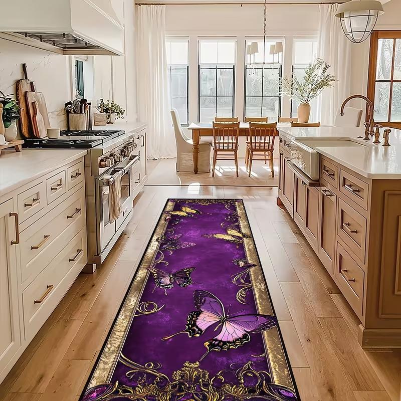 Green Leaf Rose Flower Butterfly Long Strip Floor Mat Kitchens Shoe Changing Areas Kitchens Floor Mats Farmhouse Decorations