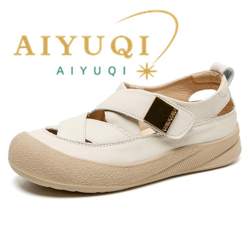 New Flat Women's Sandals Shoe Genuine Leather Woven Pig Cage Shoes Women Anti-slip Summer Hollow-out Female Shoes