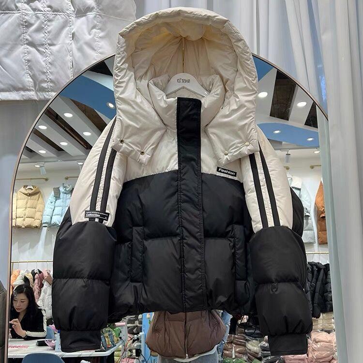 Color matching hooded down jacket women's short winter new thickened white duck down bread jacket warm jacket