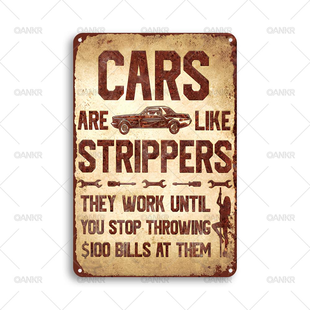 Funny Cars Are Like Strippers Metal Tin Sign Vintage Metal Signs for Man Cave Garage Farm Bar Garden Home Wall Decor Plaque 20x30cm(7.8x11.8inch)