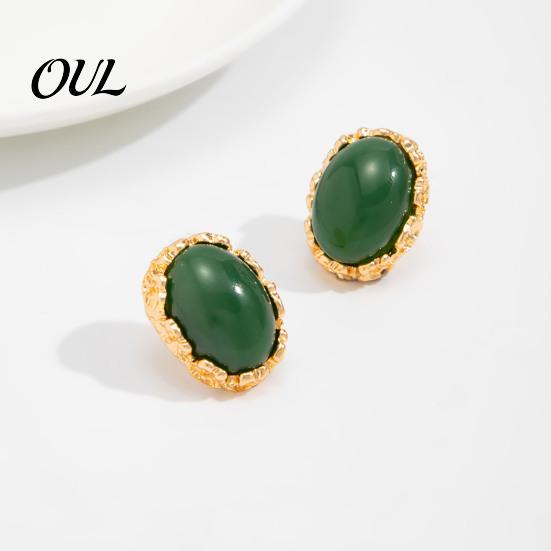 Hypoallergenic Feel Earrings 1 Pair Vintage Oval Stud for Women, Retro Statement Commuter Accessories Office Gemstone Earrings, Gold Frame Chunky