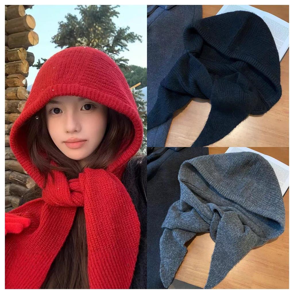 Wool knitted balaclava hat women's autumn and winter shawl hat big head circumference ear protection hat scarf integrated