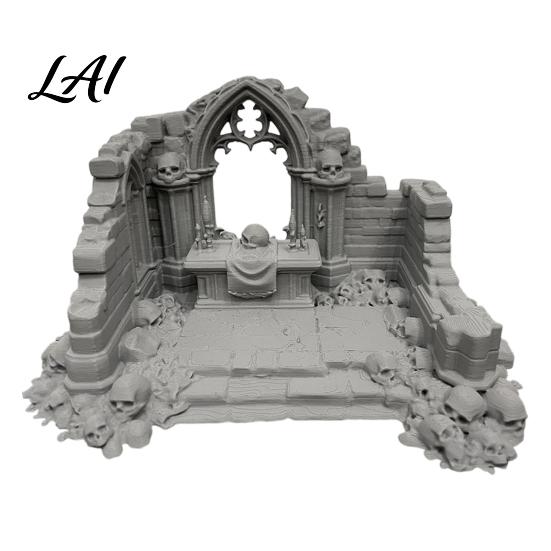 Miniature Puppet Scene Setting Gothic Ruin Skull Altar Table Ornaments 3D Printed Broken Chapel Castle Ruins Diorama Props Halloween Spooky Desktop
