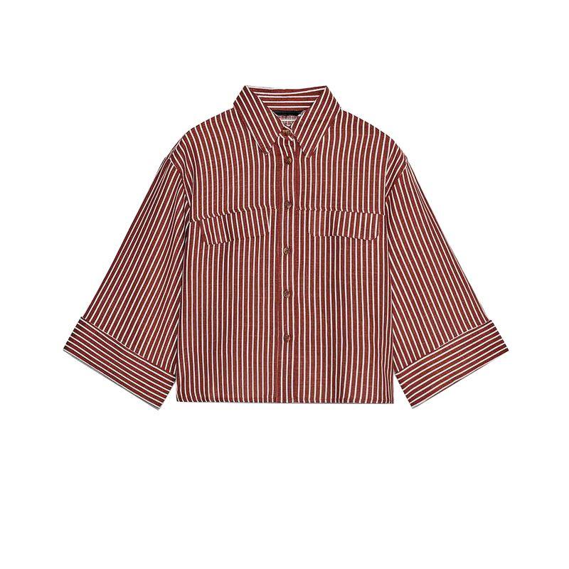 

Summer New Women clothes French style Linen Blend Minimalist All-Match Wide Sleeve Lapel Casual Shirts 2224666 Earth color L