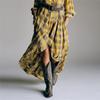 Women's Collared Long Sleeve Plaid Shirt Dress Loose High Waist Vintage Maxi Dress