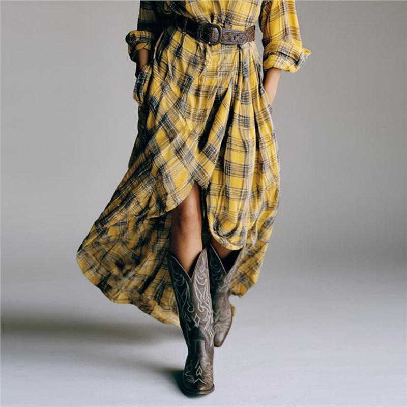 Women's Collared Long Sleeve Plaid Shirt Dress Loose High Waist Vintage Maxi Dress