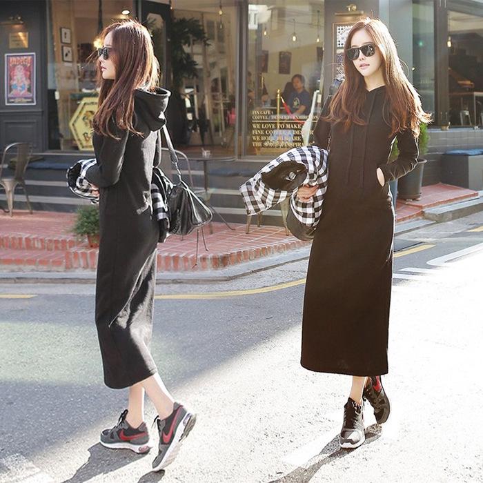 Korean Style Medium-Length Slimming Thick Hoodie Sweatshirt Pullover Dress for Women