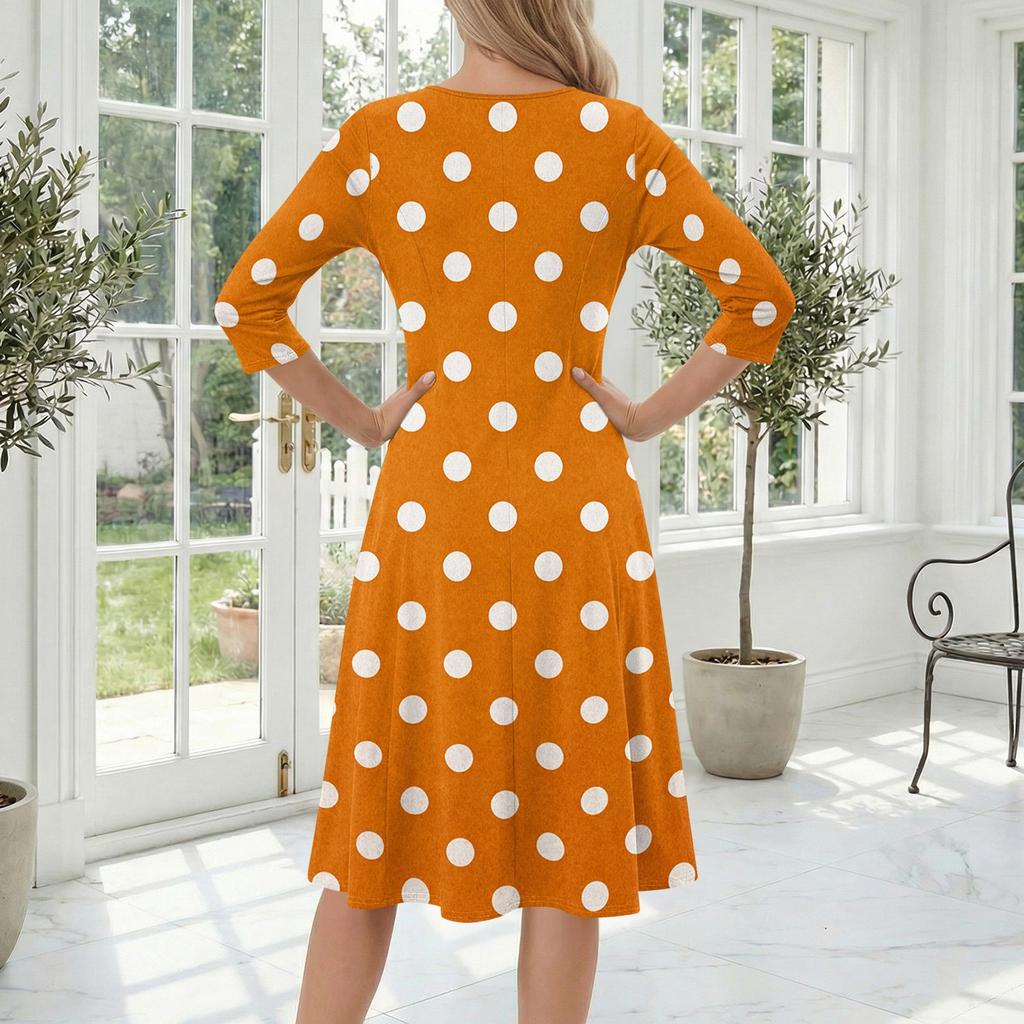 Damen Lässiges Rundhals-Midi-Kleid mit Dreiviertelärm und Polka-Dot-Print Entspannte Passform Weiches Material Bequemer Stil