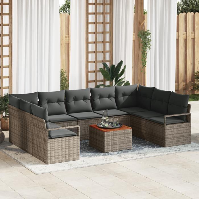 Ensemble de Canapés de Jardin 10 Pièces avec Coussins Gris Poly Rotin Acacia, Canapé de Jardin 2 Places avec Coussins Gris 3347748