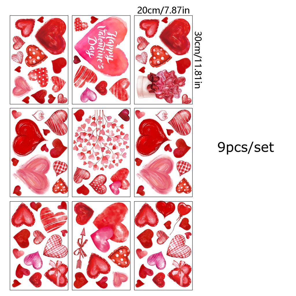 9Pcs 20x30cm Valentine’s Day Window Stickers Cute Watercolor Red Heart Pattern Electrostatic Sticker Wedding Party Home Decor