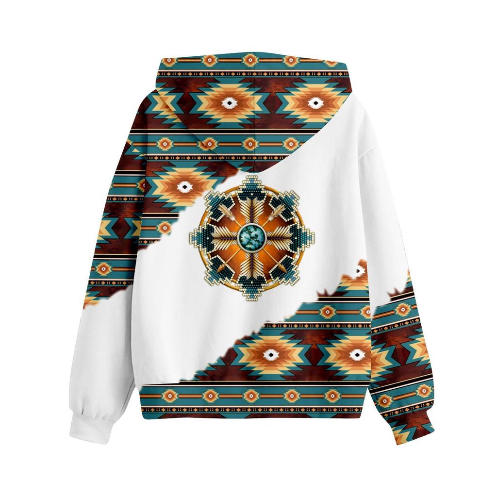 Lässiges, langärmliges Pullover-Oberteil mit Kordelzug für Damen mit geometrischem Pferdemuster, Kapuzen-Sweatshirt im Ethno-Stil