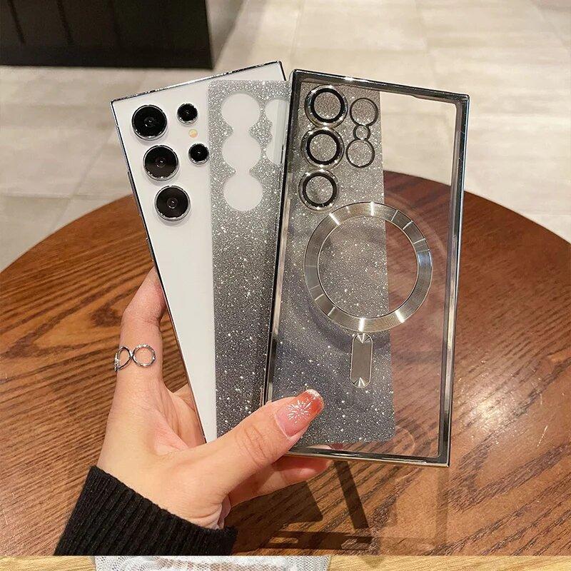 Luxury Plating Glitter For Magsafe Magnetic Phone Case For Samsung Galaxy S25 S24 S23 S22 S21 Ultra Wireless Charging Soft Cover