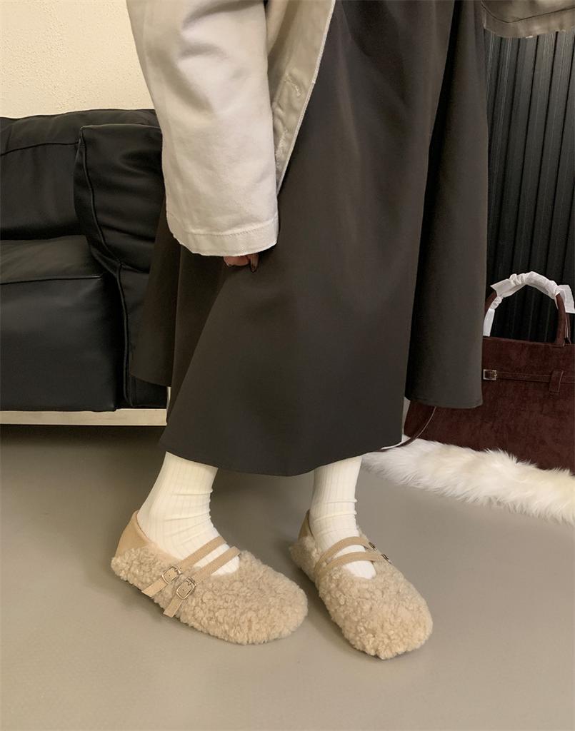 Mary Jane Gentle Imitation Lamb Wool Shoes Warm Soft-soled Cotton Shoes Wear 2025 Autumn and Winter Single Shoes Doudou Shoes