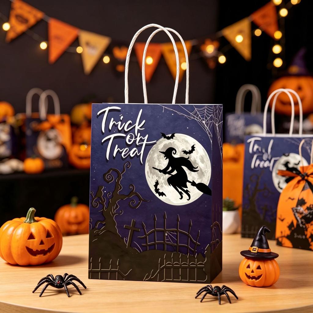 Halloween Paper Gift Bags Trick or Treat Candy Packaging Bags Pumpkin Witch Spider Print Bags Halloween Party Decor Supplies