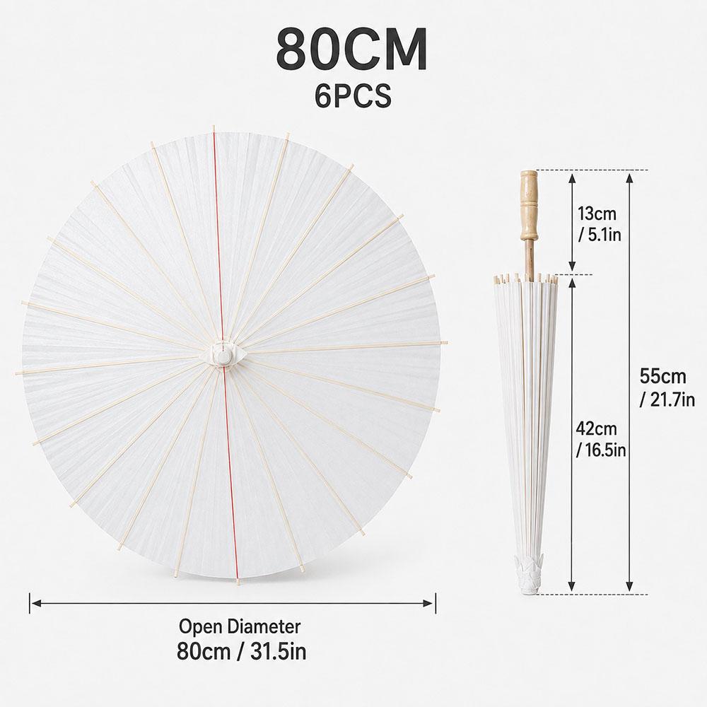 6PCS White Umbrella Paper Parasol 40/60/80cm Chinese Paper Umbrellas Photography Props Summer Whites Party Wedding Baby Shower