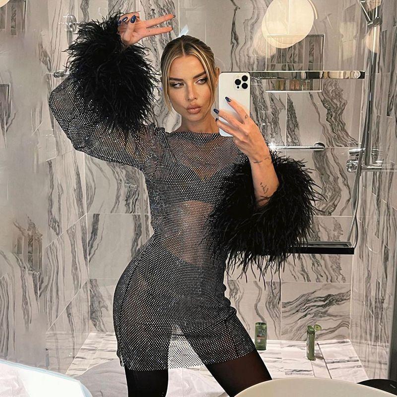 

Dress Fashion Women s New Fashion Sexy Long Horn Sleeve Skirt Burr Thin and Glittering Mesh See-through Dress Black S