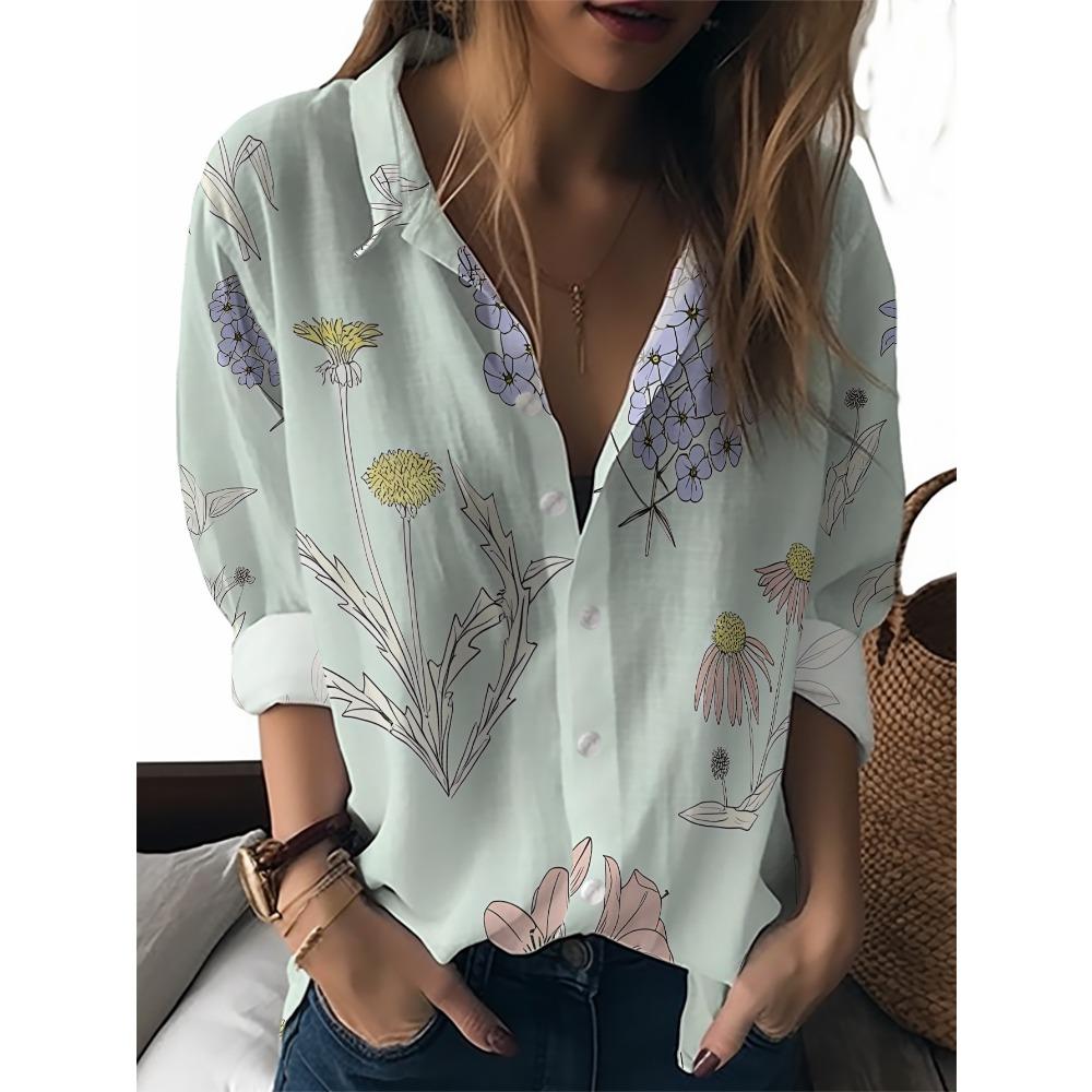 Sommer Minimalistisches Hemd mit Digitalem Blumenprint Knopfleistenhemd Oberteil für Damen Hawaiianischer Strandurlaub Lässiges Hemd