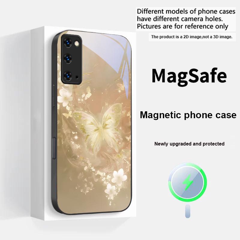 Dreamy Striped Butterfly For Magsafe Samsung S25 S25 Edge S25Ultra S8 9 10 20 S21 Pro 22 Plus S23 FE S24 Ultra Glass Phone Case