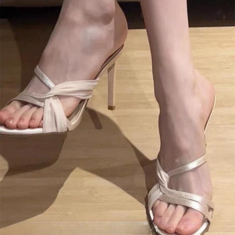 Fashion Temperament Fine Heel Cool Mopping Summer New Round Toe Cross Thin Strap Non-slip Wear-resistant High Heels