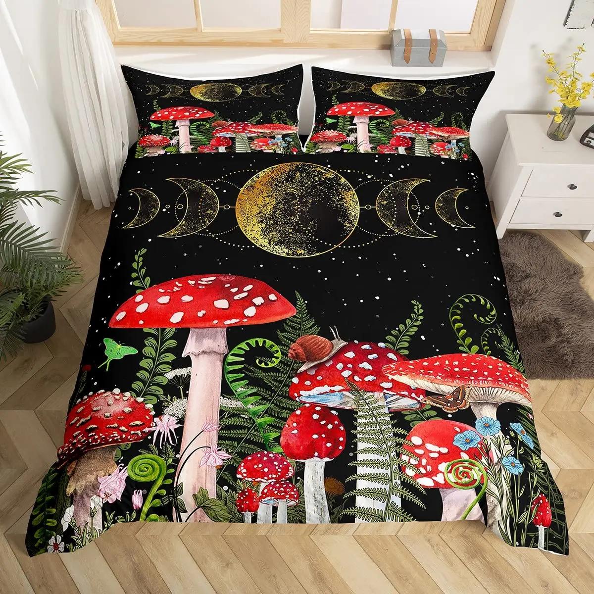 

Mushroom Duvet Cover Set Burgundy Plant Fallen Leaves Bedding Set 2/3pcs For Boys Snail Print King Size Soft Comforter Cover EU single(135x200cm)