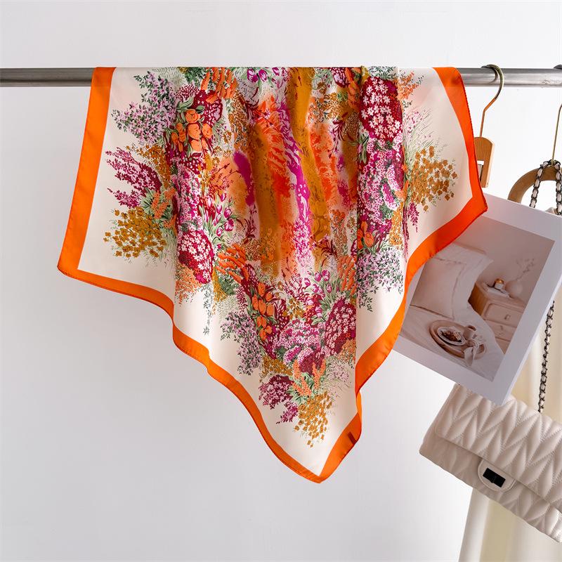 Elegant Spring Floral Silk-Blend Square Scarf - Headscarf & Neck Protection Neckerchief for Women