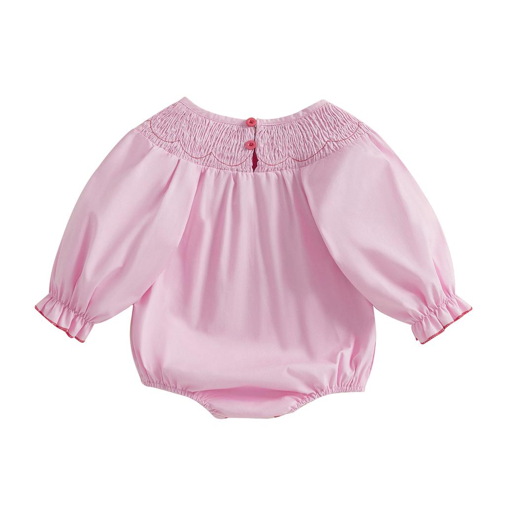 Toddler Baby Girl Smocked Romper Bow Embroidery Round Neck Long Sleeve Bubble Jumpsuit 