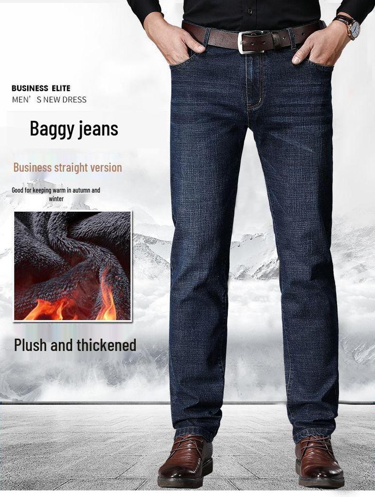 Romon Men's Fleece-Lined High Waist Elastic Straight Leg Jeans