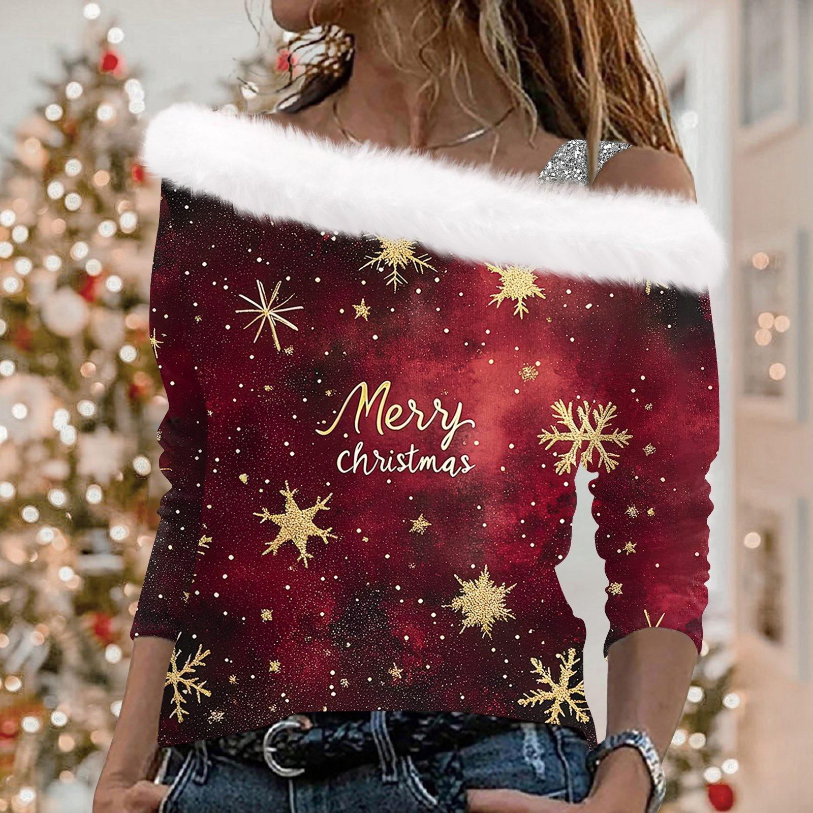 

Женские топы с длинным рукавом, модные женские свободные пуловеры с рождественским принтом и открытыми плечами M