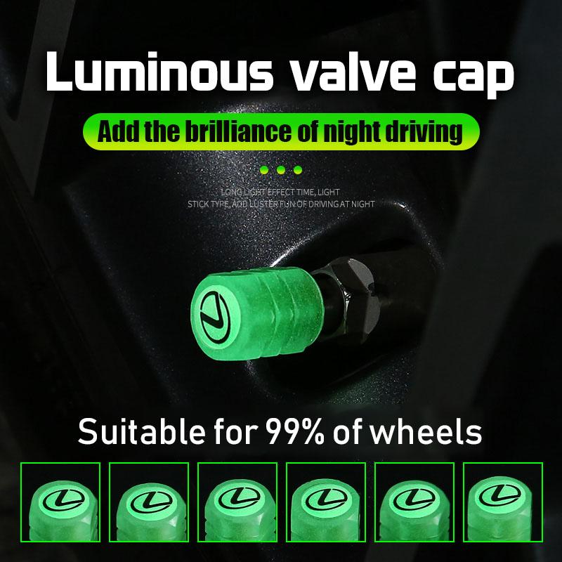 4Pcs Luminous Car Tire Valve Cap For Lexus RX330 IS250 GS300 Fluorescent Night Glowing Decor Wheel Dustproof Tyre Valve Stem Cap