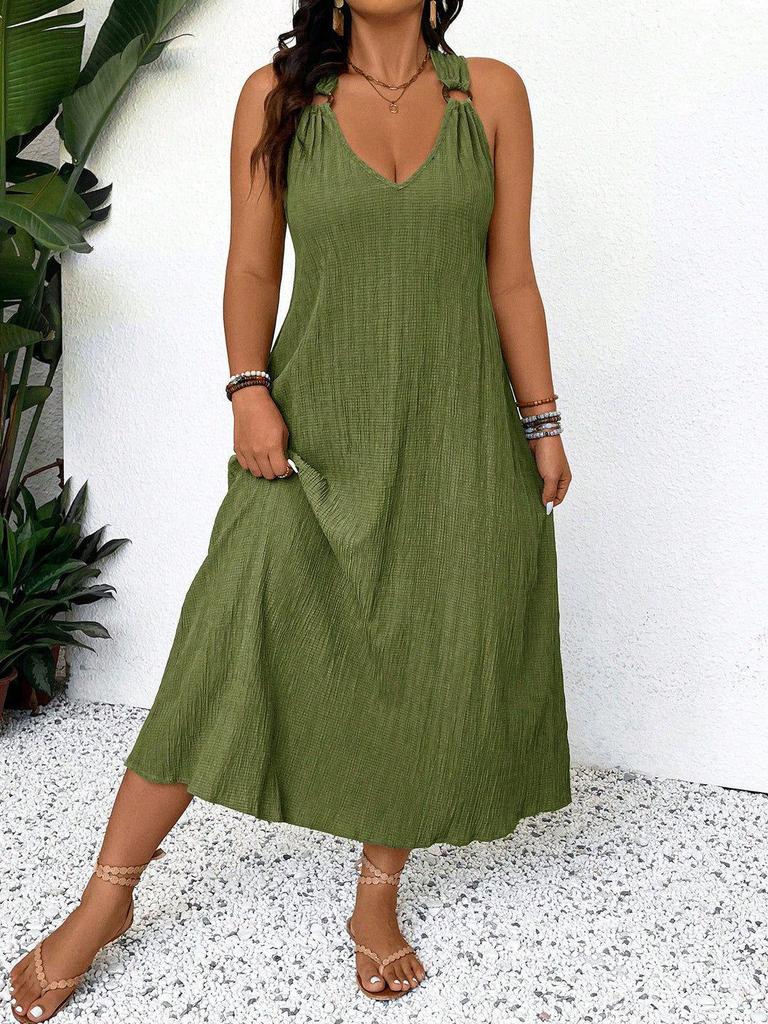 Damen Halterneck Plissee Midi Kleid Übergröße - Sommerlich Lässig Strandmode